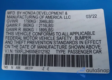 2022 Honda Civic Sport из США, поврежденный, VIN 19XFL2H8XNE012162